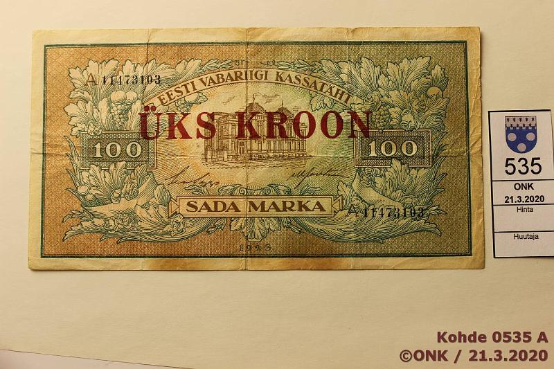 k-0535-a.jpg - Kohde 535, lhthinta: 25 € / myyntihinta: 25 € Eesti 1 kroon 1928 P#61 Pllepainettu 1922 100mk, eprep, keskireik, tahroja, kunto: 3