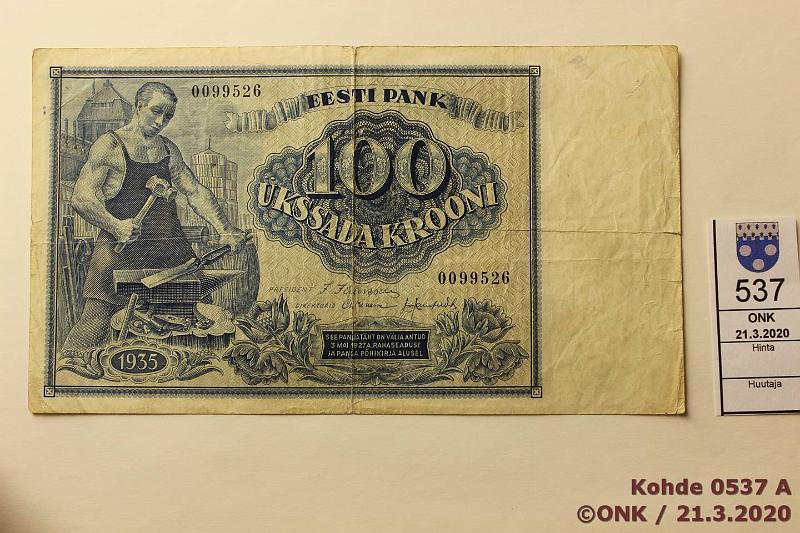 k-0537-a.jpg - Kohde 537, lhthinta: 15 € / myyntihinta: 15 € Eesti 100 krooni 1935 P#66 Prep, preiki, kunto: 3