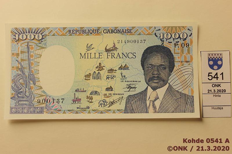 k-0541-a.jpg - Kohde 541, lhthinta: 35 € / ei tarjouksia Gabon 1000 francs 1990 P#10a P.09 900137, kunto: 9