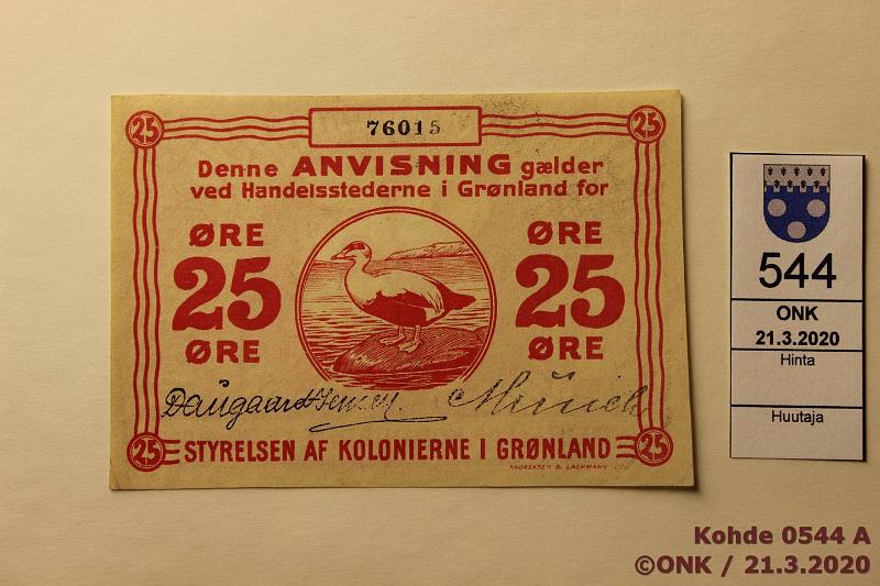 k-0544-a.jpg - Kohde 544 (kuva 1/2), lhthinta: 195 € / myyntihinta: 195 € Grnlanti 25 re ND (1913), P#11 76015, kunto: 8