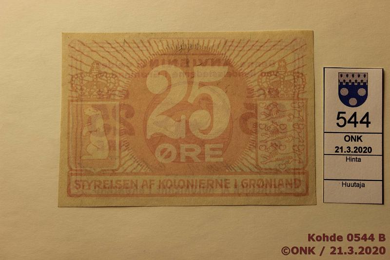 k-0544-b.jpg - Kohde 544 (kuva 2/2), lhthinta: 195 € / myyntihinta: 195 € Grnlanti 25 re ND (1913), P#11 76015, kunto: 8