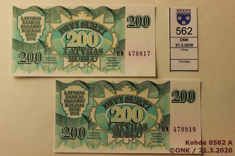 k-0562-a.jpg - Kohde 562, lhthinta: 10 € / myyntihinta: 12 € Latvia 200 rubli (2) 1992 P#41 Perkk. sarjan:ot 470817-8, kunto: 9