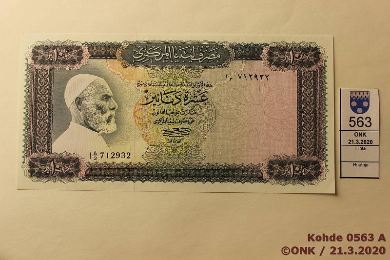 k-0563-a.jpg - Kohde 563 (kuva 1/2), lhthinta: 95 € / ei tarjouksia Libya 10 dinars 1971 P#37a I A/3 712932, pintaeloa, kunto: 9