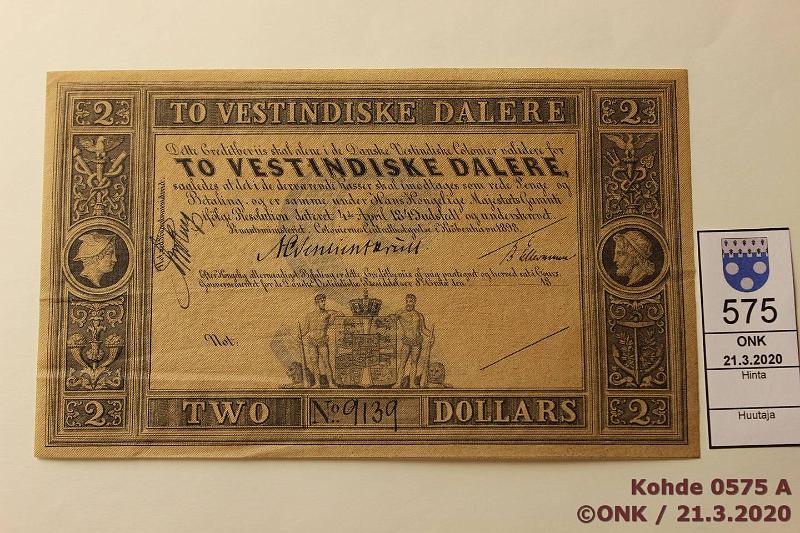 k-0575-a.jpg - Kohde 575 (kuva 1/2), lhthinta: 195 € / myyntihinta: 235 € Tanskan Lnsi-Intia 2 Vestindiske dalere ND (1898) P#8r 9139, kunto: 6