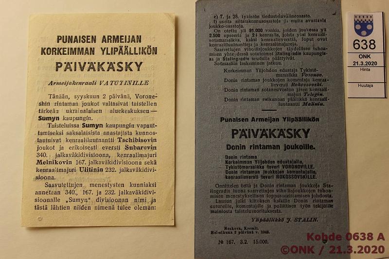 k-0638-a.jpg - Kohde 638, lhthinta: 20 € / ei tarjouksia Lentolehtinen (2) 1943 Venlisten sotapropagandaa: Stalingrad; Punaisen armeijan pivksky, kunto: 7-8