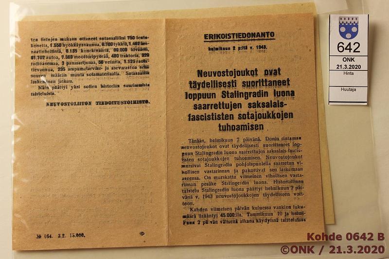 k-0642-b.jpg - Kohde 642 (kuva 2/2), lhthinta: 20 € / myyntihinta: 20 € Lentolehtinen (2) 1943 Venlisten sotapropagandaa: Heikentymttmll vauhdilla; Erikoistiedonanto: Neuvostojoukot ovat tydellisesti suorittaneet loppuun Stalingradin luona saarrettujen saksalais-fasististen sotajoukkojen tuhoamisen, kunto: 7-8