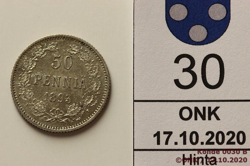 k-0030-b.jpg - Kohde 30 (kuva 2/2), lhthinta: 80 € / ei tarjouksia 50 p 1893 Ag, SNY 328.2, hieman patinaa ja ephpja, kaunis!, kunto: 8