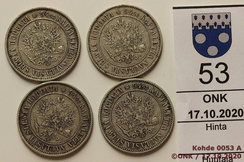 k-0053-a.jpg - Kohde 53 (kuva 1/2), lhthinta: 15 € / myyntihinta: 16 € 1 mk 1892 (4) Ag, kunto: 4