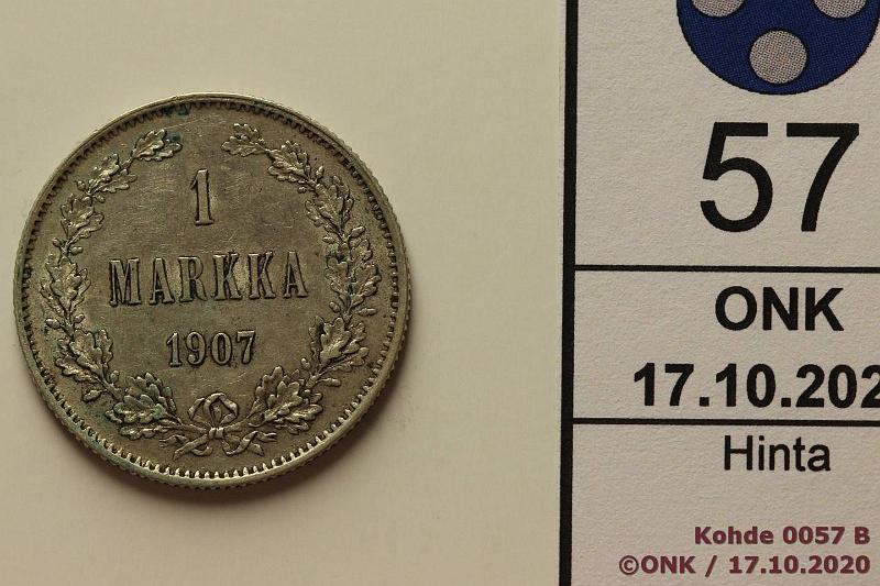 k-0057-b.jpg - Kohde 57 (kuva 2/2), lhthinta: 10 € / ei tarjouksia 1 mk 1907 Ag, hnja, kunto: 6/7