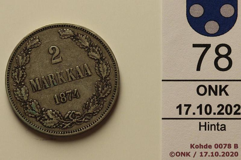 k-0078-b.jpg - Kohde 78 (kuva 2/2), lhthinta: 10 € / myyntihinta: 10 € 2 mk 1874 Ag, kansiohometta, kunto: 4