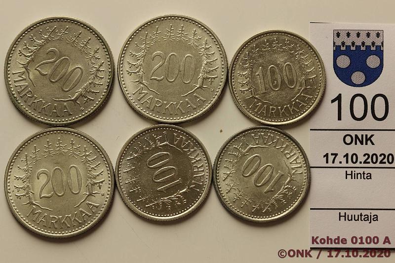 k-0100-a.jpg - Kohde 100 (kuva 1/2), lhthinta: 15 € / myyntihinta: 24 € 100 - 200 mk 1956-58 (6) Ag, 100mk 1956, -57, -58; 200mk 1956, -57, -58H, kauniita!, kunto: 7-9