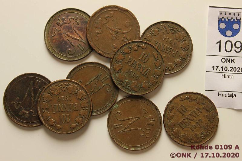 k-0109-a.jpg - Kohde 109, lhthinta: 5 € / myyntihinta: 5 € 10 p 1865-1914 (9) Cu, 1865, 1907, -09, -10, -11(2), -14(3). Osassa prvja, kunto: 3-4