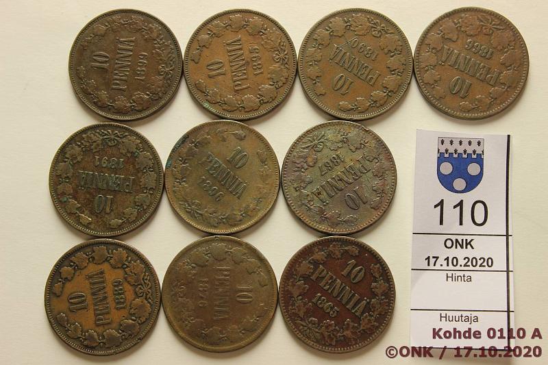 k-0110-a.jpg - Kohde 110, lhthinta: 15 € / myyntihinta: 16 € 10 p 1865-99 (10) Cu, 1865, -66, -67 -76, -89, -90, -91, -95, -96, -99. Osassa vikoja, kunto: 2-4