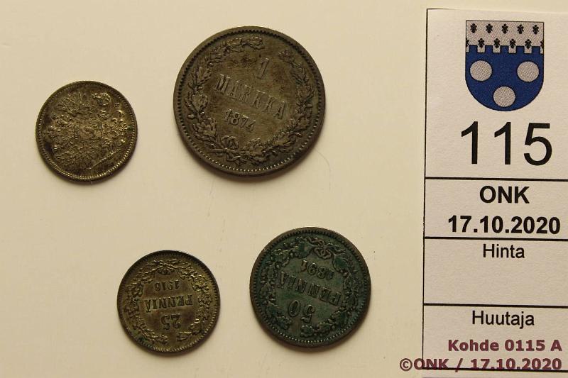 k-0115-a.jpg - Kohde 115, lhthinta: 5 € / myyntihinta: 5 € 25 p - 1 mk 1874-1916 (4) Ag, 25p 1915, -16; 50p 1891; 1mk 1874, kunto: 4-7