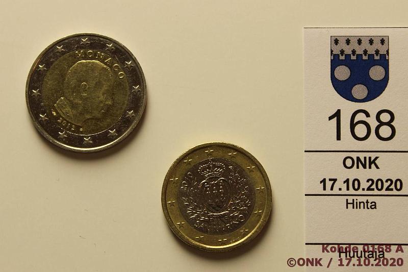 k-0168-a.jpg - Kohde 168 (kuva 1/2), lhthinta: 5 € / myyntihinta: 5 € 1 + 2 € 2010, -12 1€ 2010 San Marino; 2€ 2012 Monaco, kunto: 7, 8