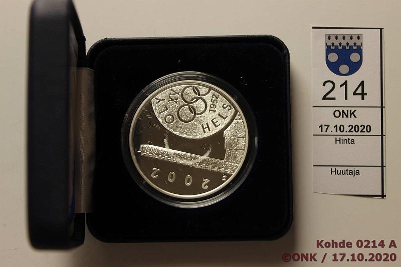 k-0214-a.jpg - Kohde 214, lhthinta: 12 € / myyntihinta: 15 € 10 € 2002 Ag, Proof, Helsingin Olympialaiset, kaps, kotelo, tod, kunto: 10