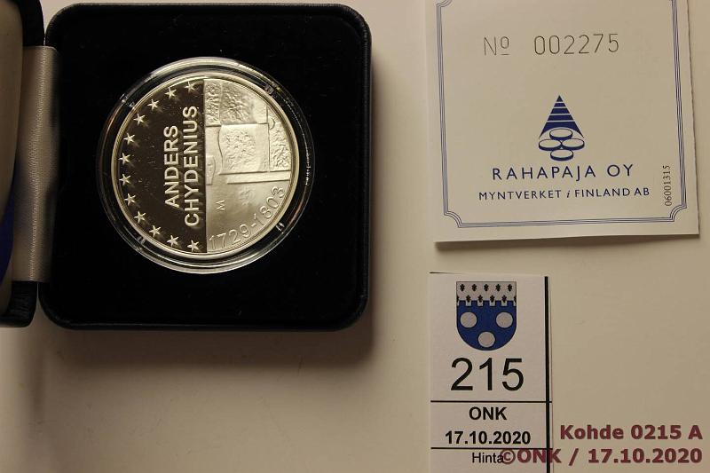 k-0215-a.jpg - Kohde 215, lhthinta: 12 € / myyntihinta: 13 € 10 € 2003 Ag, Proof, Chydenius, kaps, kotelo, tod, kunto: 10