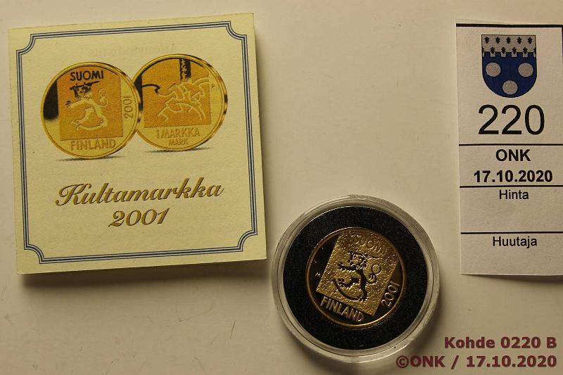 k-0220-b.jpg - Kohde 220 (kuva 2/2), lhthinta: 180 € / myyntihinta: 315 € 1 mk 2001 Au, Proof, 8,64g/750, Viimeinen markka, kotelo, kaps, tod, kunto: 10