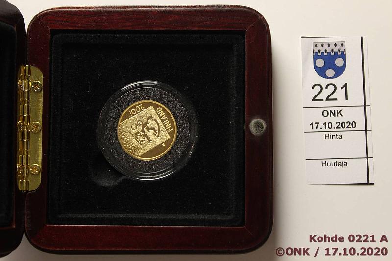 k-0221-a.jpg - Kohde 221 (kuva 1/2), lhthinta: 200 € / myyntihinta: 315 € 1 mk 2001 Au, Proof, 8,64g/750, Viimeinen markka, kotelo, kaps, tod, kunto: 10