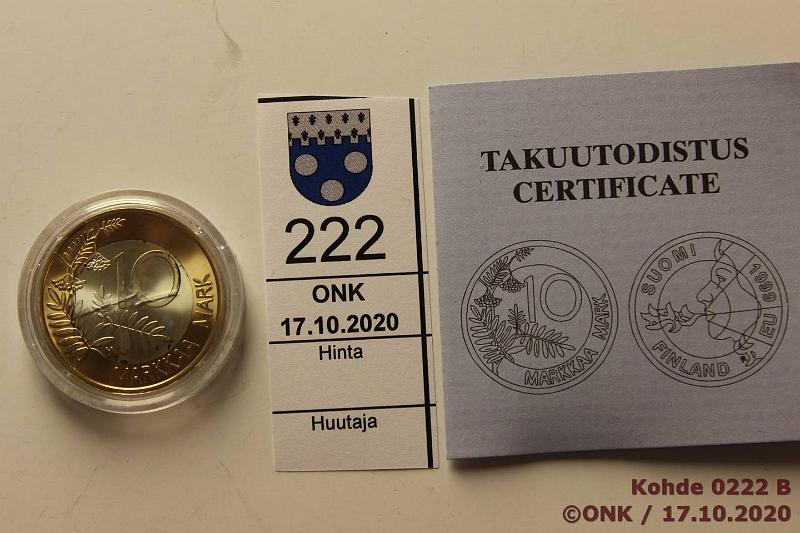 k-0222-b.jpg - Kohde 222 (kuva 2/2), lhthinta: 350 € / ei tarjouksia 10 mk 1999 Au 750/Ag 925, 13,2g, Proof. Hopean ja kullan rajalla tyypilliseen tapaan patinarengas, kotelo, tod, kunto: 9