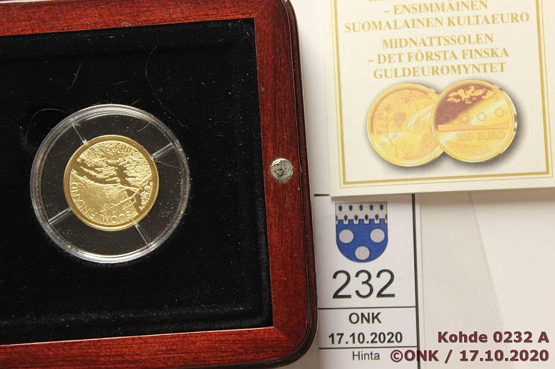 k-0232-a.jpg - Kohde 232 (kuva 1/2), lhthinta: 200 € / myyntihinta: 380 € 100 € 2002 Au, Proof, 8,64g/900, Keskiyn aurinko, kotelo, tod, kunto: 10