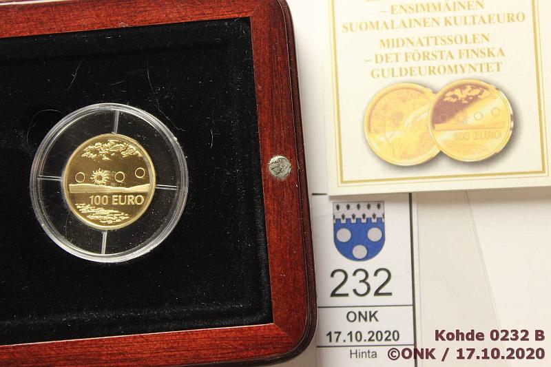 k-0232-b.jpg - Kohde 232 (kuva 2/2), lhthinta: 200 € / myyntihinta: 380 € 100 € 2002 Au, Proof, 8,64g/900, Keskiyn aurinko, kotelo, tod, kunto: 10