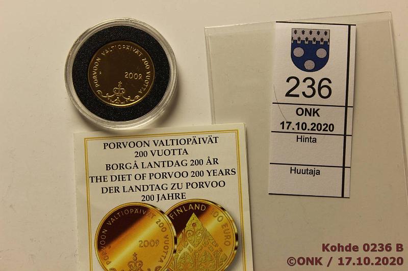 k-0236-b.jpg - Kohde 236 (kuva 2/2), lhthinta: 200 € / myyntihinta: 310 € 100 € 2009 Au, Proof, 6,78g/917, Porvoon valtiopivt 200v, kotelo, tod, kunto: 10