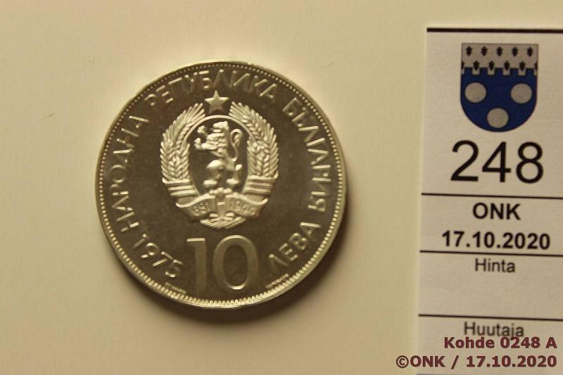 k-0248-a.jpg - Kohde 248 (kuva 1/2), lhthinta: 15 € / myyntihinta: 16 € Bulgaria 10 leva 1975 KM#93.2 Ag, 29,95g/900, Olympic Congress, reunakirjoitus kyrillisin kirjaimin, patinaa, kunto: 9