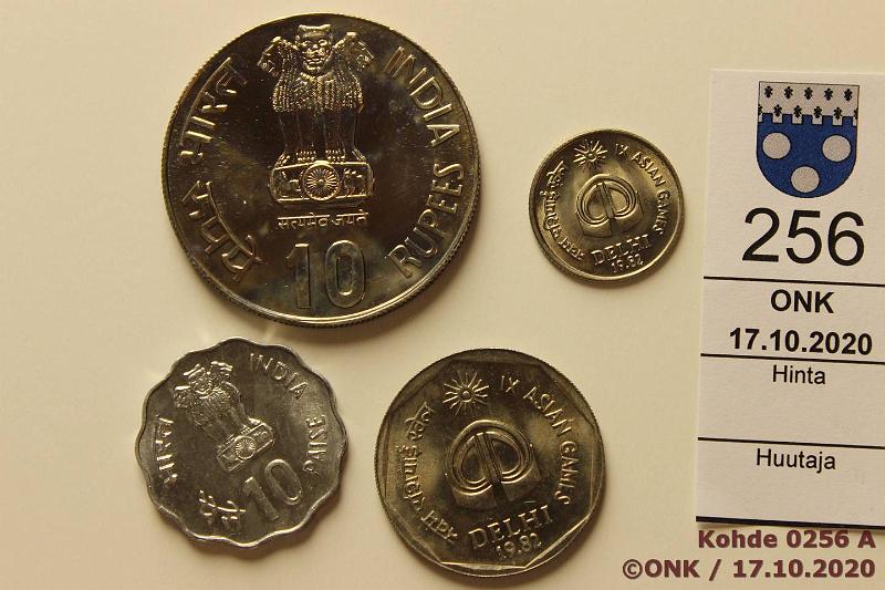 k-0256-a.jpg - Kohde 256 (kuva 1/2), lhthinta: 10 € / myyntihinta: 10 € Intia 10 paise - 10 rupees (4) 1982 KM#37, 52, 120, 197 Al/Cuni, 10, 25p, 2, 10r(patinaa). IX Asian Games, kunto: 9