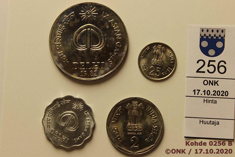 k-0256-b.jpg - Kohde 256 (kuva 2/2), lhthinta: 10 € / myyntihinta: 10 € Intia 10 paise - 10 rupees (4) 1982 KM#37, 52, 120, 197 Al/Cuni, 10, 25p, 2, 10r(patinaa). IX Asian Games, kunto: 9