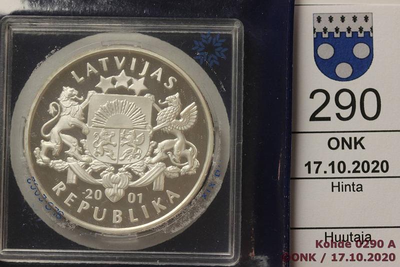 k-0290-a.jpg - Kohde 290, lhthinta: 10 € / myyntihinta: 18 € Latvia 1 lats 2001 KM#50 Ag, Proof, 31,47g/925, Salt Lake City 2002, jkiekko, kaps, kotelo, kunto: 10