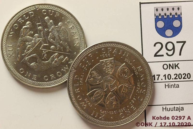 k-0297-a.jpg - Kohde 297, lhthinta: 5 € / myyntihinta: 6 € Mansaaret 1 cr (2) 1982 KM#92, 93 CuNi, World Cup of Spain, 2 eril, kunto: 9