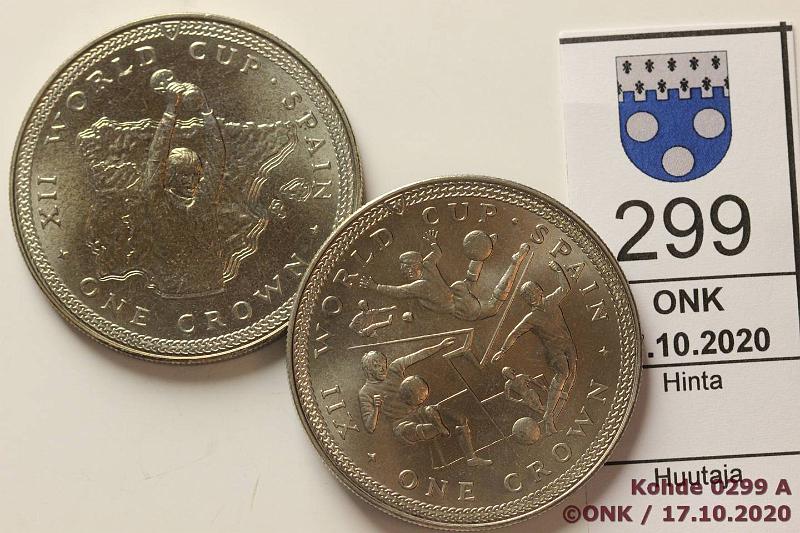 k-0299-a.jpg - Kohde 299, lhthinta: 5 € / myyntihinta: 6 € Mansaaret 1 cr (2) 1982 KM#93, 95 CuNi, World Cup of Spain, 2 eril, kunto: 9