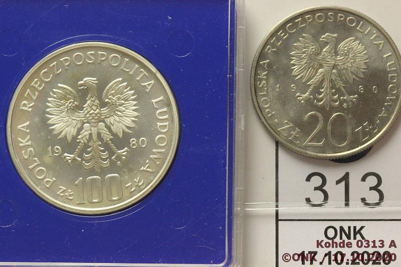 k-0313-a.jpg - Kohde 313, lhthinta: 5 € / myyntihinta: 10 € Puola 20 + 100 zlotych 1980 Y#108, 109 CuNi 20z; 100z Ag, Proof, 16,5g/625, kotelo. 1980 Olympialaiset, kunto: 10