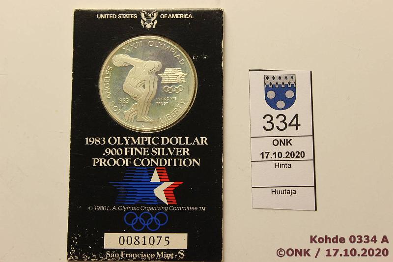 k-0334-a.jpg - Kohde 334, lhthinta: 10 € / myyntihinta: 14 € USA 1 $ 1983S KM#209 Ag, Proof, 26,73g/900, Los Angeles 1984, kortti, hieman patinaa, kunto: 10