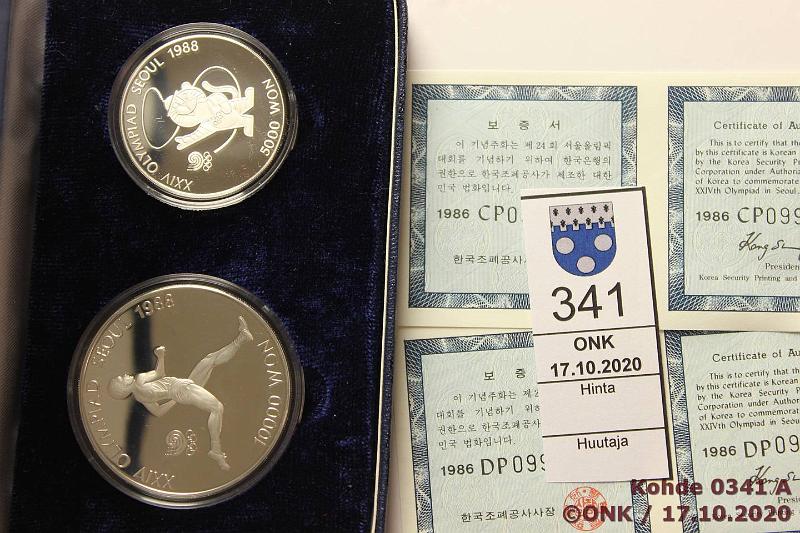 k-0341-a.jpg - Kohde 341, lhthinta: 15 € / myyntihinta: 26 € Korea 5000 + 10000 won 1986 KM#54, 56 Ag, 16,81g/925, Hodori; 33,62g/925, Maratoni. Proof, Soul 1988 -sarja, kaps, kotelo, tod, kunto: 10