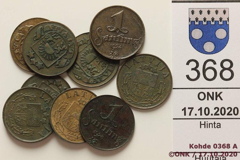 k-0368-a.jpg - Kohde 368, lhthinta: 10 € / myyntihinta: 24 € 1 santims (9) 1924-39 KM#1, 10 Br, 1924, -26, -28(2), -32, -35, -37, -38, -39, kunto: 4-8