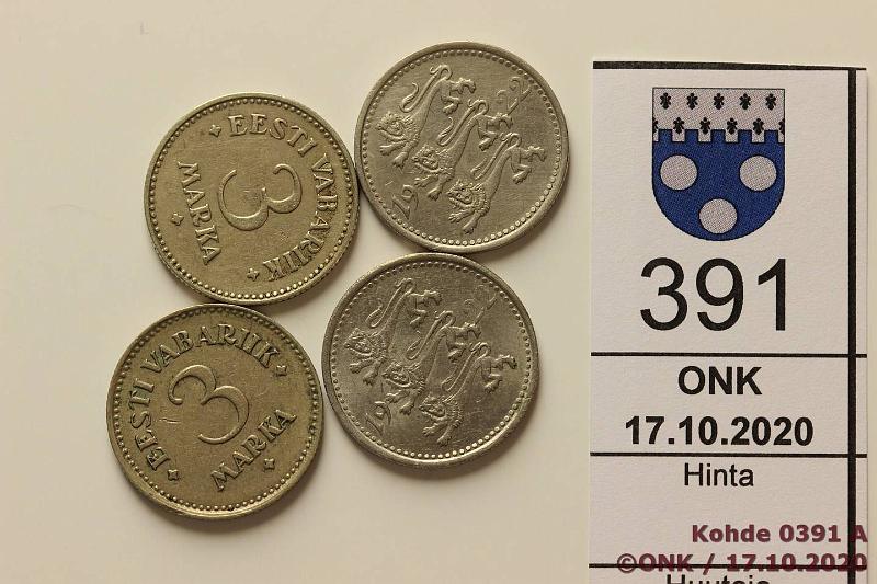 k-0391-a.jpg - Kohde 391, lhthinta: 10 € / myyntihinta: 11 € 3 mk (4)  1922-25  KM#2, 2a CuNi/NiBr, 1922(2), -25(2), kunto: 5-8