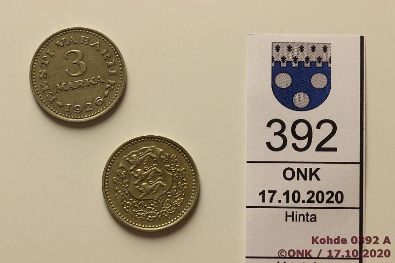 k-0392-a.jpg - Kohde 392, lhthinta: 10 € / myyntihinta: 155 € 3 mk (2) 1926 KM#6 NiBr, kunto: 5