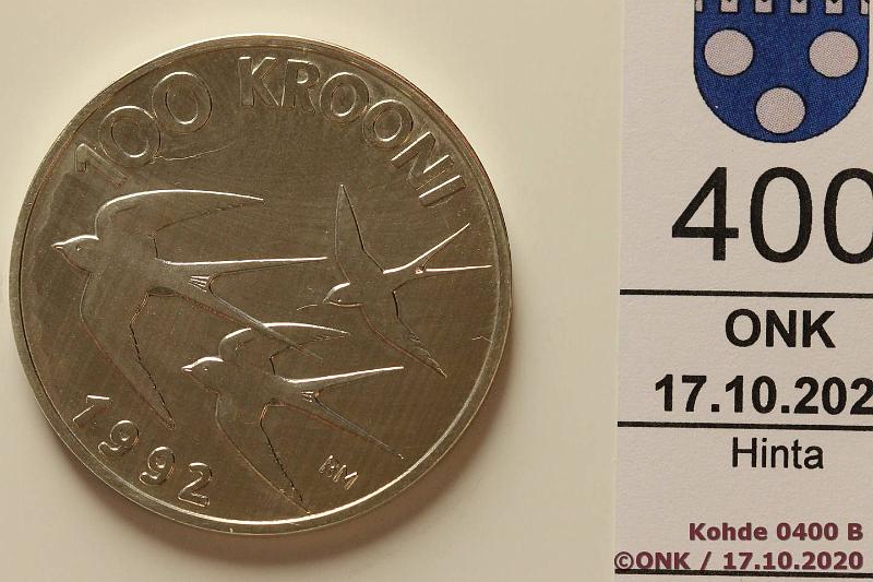 k-0400-b.jpg - Kohde 400 (kuva 2/2), lhthinta: 10 € / myyntihinta: 13 € 100 kr 1992 KM#27 Ag, 24g/925, Prooflike, Monetary Reform, kunto: 9