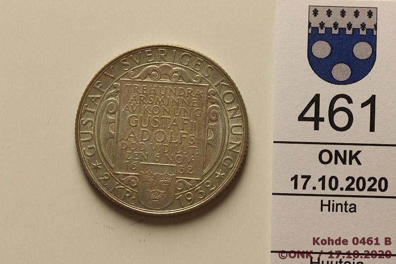 k-0461-b.jpg - Kohde 461 (kuva 2/2), lhthinta: 5 € / myyntihinta: 11 € 2 kr 1932 KM#805 Ag, 15g/800, Death of Gustaf II Adolf, erittin kaunis!, kunto: 8