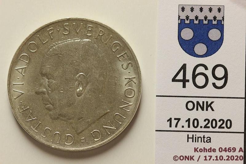 k-0469-a.jpg - Kohde 469 (kuva 1/2), lhthinta: 5 € / myyntihinta: 5 € 5 kr 1952 KM#828 Ag, 22,88g/400, Gustaf VI Adolf 70th Birthday, hnja, kunto: 8