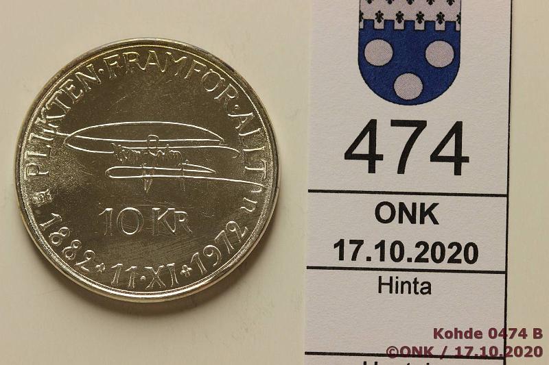 k-0474-b.jpg - Kohde 474 (kuva 2/2), lhthinta: 5 € / myyntihinta: 7 € 10 kr 1972 KM#847 Ag, 18,07g/840, Gustaf VI Adolf 90th Birthday, hnja, kunto: 9