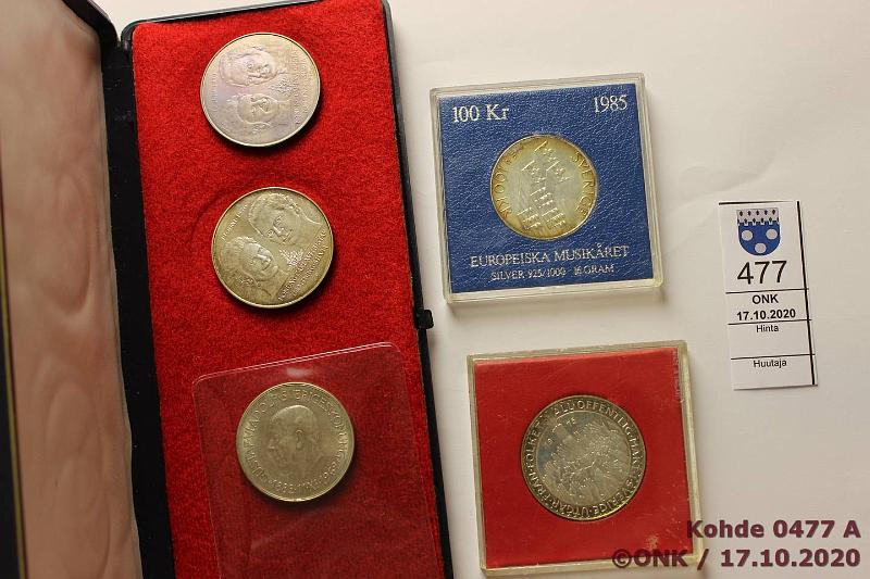 k-0477-a.jpg - Kohde 477, lhthinta: 35 € / myyntihinta: 35 € Er 5 - 100 kr (5) 1962-85 Ag, 5k 1962 (hnja, hp); 50k 1975 (kotelo, patinaa); 50k 1976 (2 kpl Lembit kotelossa, patinaa); 100k 1985 (kotelo, likaa, sormenjlki), kunto: 7-9