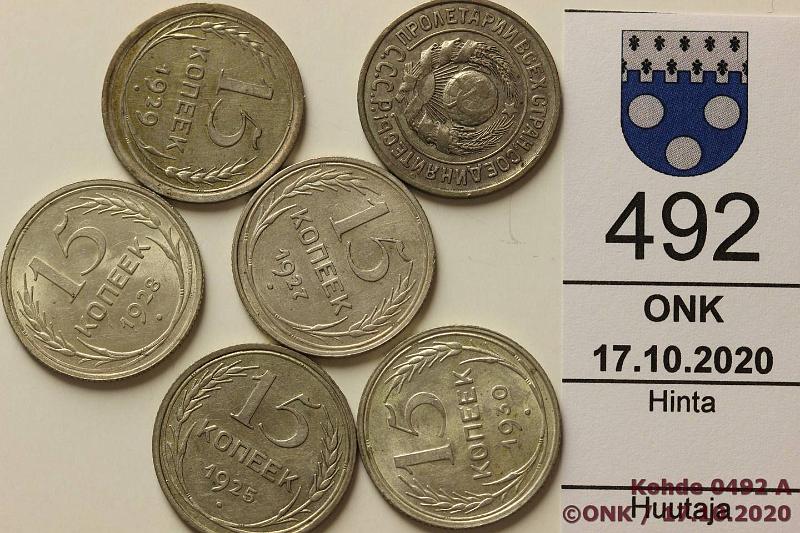 k-0492-a.jpg - Kohde 492, lhthinta: 5 € / myyntihinta: 11 € 15 kop (6) 1924-30 Y#87 Ag, 6 x 2,7g/500, 1924(kl 5), -25, -27, -28, -29(kl 5), -30, kunto: 5, 7-9