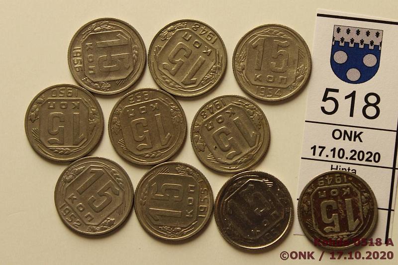 k-0518-a.jpg - Kohde 518, lhthinta: 5 € / ei tarjouksia 15 kop (10) 1948-57 Y#117, 124 CuNi, 1948(2, prvja), -49, -50, -52, -53, -54, -55, -56; 1957, kunto: 4-8