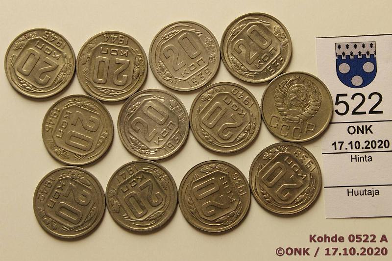 k-0522-a.jpg - Kohde 522, lhthinta: 5 € / myyntihinta: 35 € 20 kop (12) 1935-46 Y#104, 111 CuNi, 1935, -36; 1937, -38, -39, -40, -41, -42, -43, -44, -45, -46, kunto: 5-8