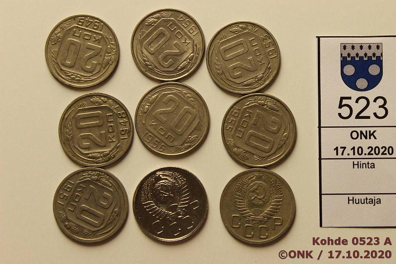 k-0523-a.jpg - Kohde 523, lhthinta: 5 € / myyntihinta: 7 € 20 kop (9) 1948-57 Y#118, 125 CuNi, 1948, -49, -51, -52, -53, -54, -55, -56; 1957(kl 9), kunto: 4-9