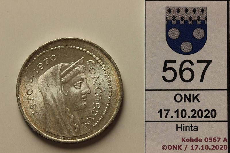 k-0567-a.jpg - Kohde 567 (kuva 1/2), lhthinta: 10 € / ei tarjouksia Italia 1000 lire 1970 KM#101 Ag, 14,6g/835 Capital Rome, patinaa, kunto: 9