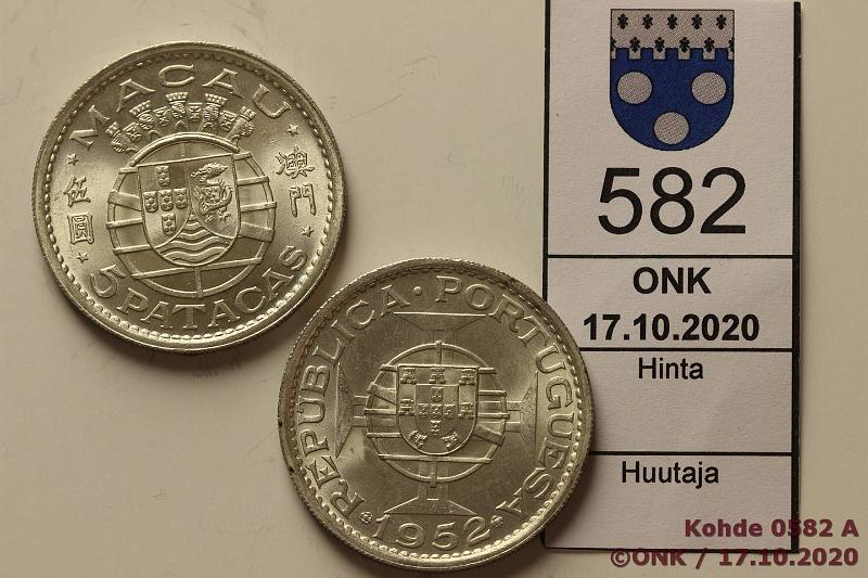 k-0582-a.jpg - Kohde 582, lhthinta: 10 € / myyntihinta: 12 € Macao 5 patacas (2) 1952 KM#5 Ag, 2 x 15g/720, kunto: 9